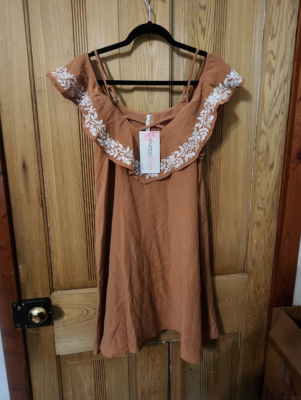 mittoshop Rust Brown Spaghetti Strap Dress with White Floral Embroidery, Size S - Picture 2 of 9